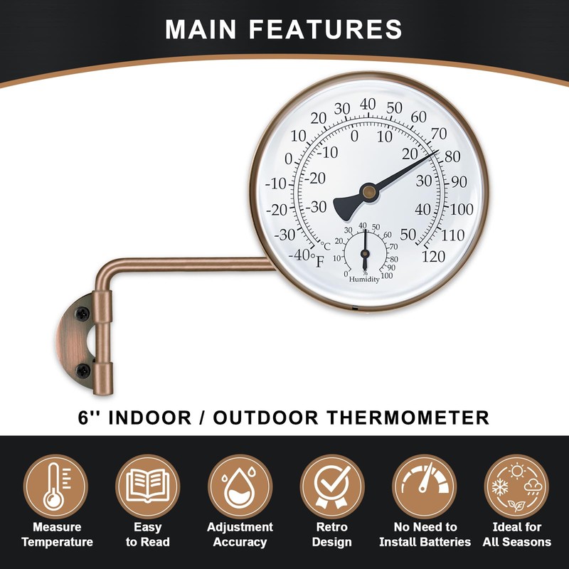6 Inch Brass Outdoor Thermometer, Outdoor Temperature Gauge with Humidity,