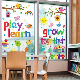 JarThenaAMCS Grow Together Window Clings Play Learn Window Stickers Colorful Motivational Double Sided Wall Glass Decals for First Day of School Party Home Classroom Decor, 6 Sheet