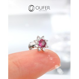 OUFER 16G Flower Helix Stud Internally Threaded Flat Back Earring Stainless Steel 316L Conch Jewellery Ruby CZ 6 mm Cartilage Earring Tragus Piercing Lip Stud
