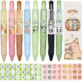 Maydahui 8 Pcs Cute Capybara and Panda Short Small Pocket Pens Changeable Images Retractable Kawaii Mini Pens Black Ink for Purse Notebook Shcool Office Party