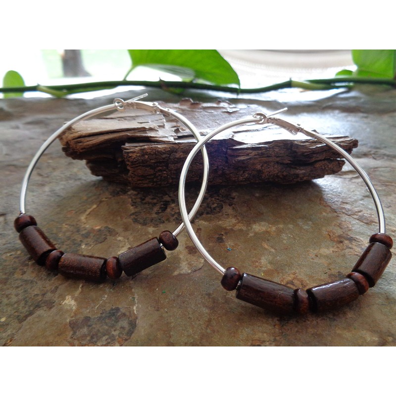 ★ 6 cm large brown ethnic boho wooden hoop earrings