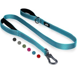 TwoEar Correa de perro azul fuerte de 5 pies y 1 pulgada con 2 asas acolchadas, mango de tráfico extra, mango doble cómodo y suave, gancho de bloqueo automático, correa reflectante para caminar para perros pequeños, medianos y grandes