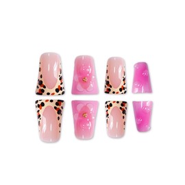 NBNTGH Leopard Print French Tip Press On Nails Pink Fake Nails Medium Duck False Nails with Design Flower Glossy Stick On Nails for Women Reusable Artificial Acrylic Full Cover Manicure 24Pcs