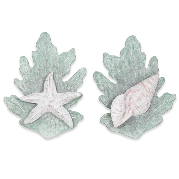 T.I. Design Hand-Carved Wood Starfish and Turban Shell on Reef