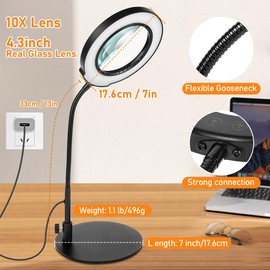 Ainiv 10X Lupe mit Licht und Ständer, 5 Farbmodi Stufenlos Dimmbare LED Beleuchtete Schreibtischlampe, Schreibtischlampe für Handwerk Hobby Malerei Schließen Arbeit, Lesen, Nähen, Basteln