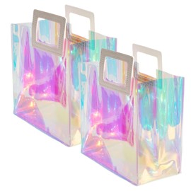 VUOJUR 2pcs Holographic Small Gift Bags 8.3x8x4'' Clear Reusable Birthday Gift Bags for Women Girls Iridescent Christmas Gift Bag with Handle