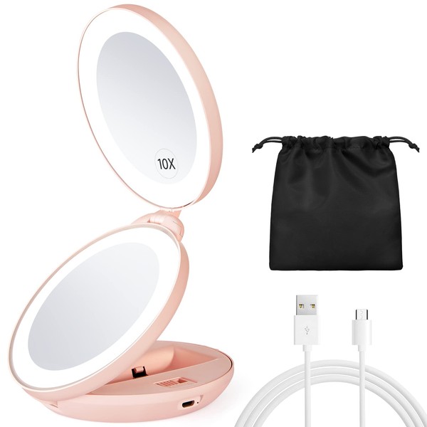 KEDSUM Espejo de viaje con luz LED recargable mejorado, espejo de maquillaje compacto de aumento 1X/10X con luces, espejo de tocador plegable de doble cara, luz diurna, portátil (rosa)