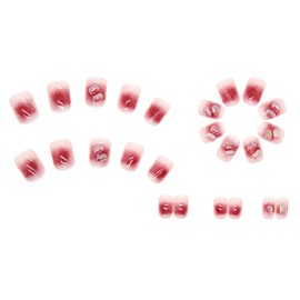 Red Blush Press on Nails Short Square Shape, 24Pcs Coffin Full Cover Reusable False Nails with Rhinestone Designs Artificial Fingernails Acrylic Fake Nails with Glue Stick on Nail with Charm for Women