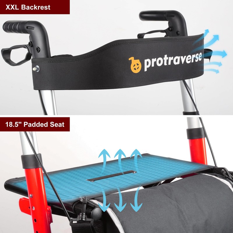 ProTraverse Foldable Rollator Walker with Seat, Standard Height Lightweight Rollator