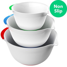 Vremi 3 Piece Plastic Mixing Bowl Set - Nesting Mixing Bowl with Rubber Grip Handles Easy Pour Spout and Non Slip Bottom - Three Sizes Small Large Capacity for Kitchen Baking or Salad - White Multi