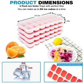 4 Pack Ice Tray Durable & Flexible, Silicone 14 Ice Cube Tray for Freezer With Lid, Super Easy Release Stackable BPA Free for Drinks & Cocktail