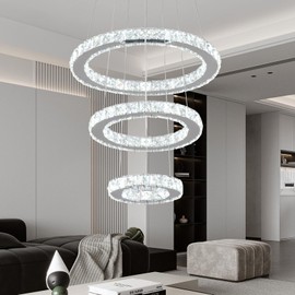 Buccleuch 3-Ring Crystal Chandelier, ETL-Listed Dimmable LED Pendant Light, Slope Ceiling Compatible Stainless Steel K9 Crystal Ceiling Light for Dining Room Bedroom Living Room, 6500K