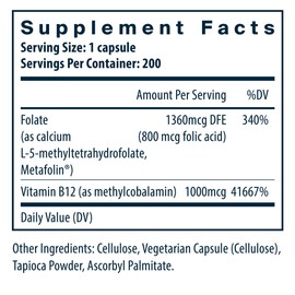 Vital Nutrients Vitamin B12 & Methyl Folate | Vegan Methylated Folate & B12 Supplement | 5-MTHF Plus B12 Supports Nervous System & Metabolism* | Gluten, Dairy, Soy Free | 200 Capsules