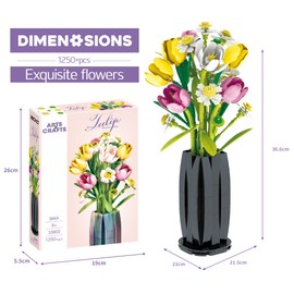 PUNIMA Tulips Building Blocks Set, Flowers Bouquet with Vase for Adults, Home, Office, Decor - 1250pcs