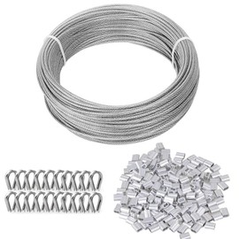 TooTaci 1/8 Wire Rope Kit, 100ft Vinyl Coated Stainless Steel Cable with 50pcs Crimping Sleeves and 20pcs Thimbles, 7x7 Strand Core Metal Cable for String Light, Shade Sail, Clothesline, Curtain