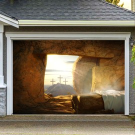 Fabric 10x8ft Easter Jesus Tomb Backdrop Resurrection of Jesus Cave Photography Background Jesus Christ Crucifix Mountain Sunrise Church Mural Wallpaper God Bless Portrait Photo Props Decoration