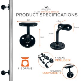 Pack of 4 Handrail Brackets for Stairs, Black Plated Banister Rail Brackets, Wall-Mounted Stair Rail Brackets for Stainless-Steel or Wooden Handrail, Heavy-Duty and Stylish Banister Rails Bracket