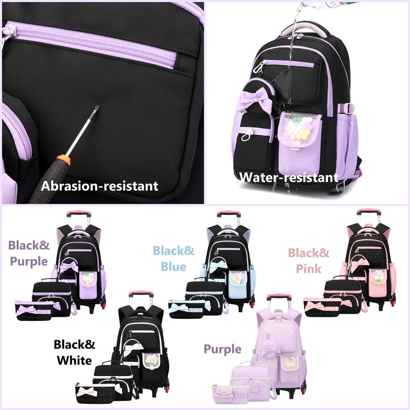 Mildame 3Pcs Girls Rolling Backpack Cute Bowknot Backpack with Wheels