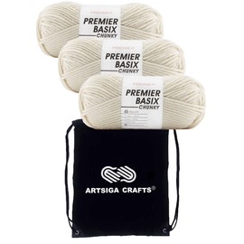 Premier Basix Chunky Knitting Yarn Antique White 1145-04 (3-Pack) Same Dye Lot Chunky Bulky #5 Soft 100% Acrylic Bundle with 1 Artsiga Craft Bag