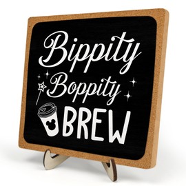 Funny Coffee Wood Plaque Sign, Coffee Decor Set, Kitchen Home Decor, Tabletop Desk Decor Sign, Coffee Lover Gift, 5.9×5.9Inch, Bippity Boppity Brew Sign (Black)