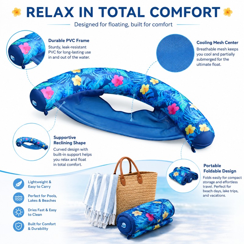 Inflatable Floating Recliner for Pool Relaxation – Foldable Mesh Water
