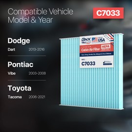 BNX TruFilter C7033 Filtro de aire de cabina, HEPA 99.97%, compatible con Dodge Dart; Pontiac: Vibe; Toyota Tacoma (paquete de 4)
