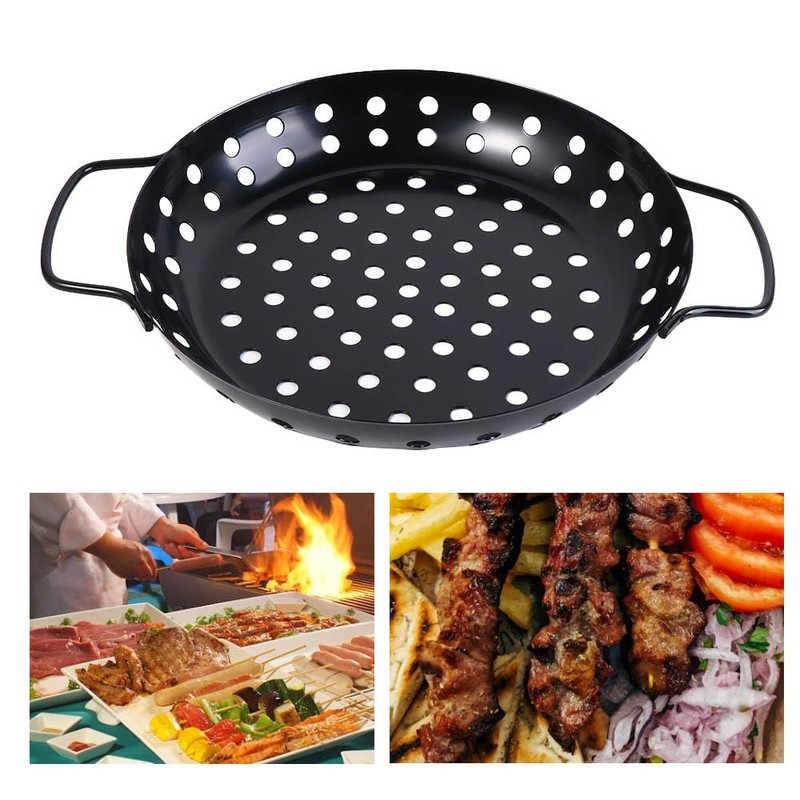 Round Grill Wok with Handle,Carbon Steel Grill Pan With Holes,Non-Stick
