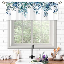 oolygoo Teal Eucalyptus Botanical Leaves Valances Kitchen Curtains Flower Window Drapes Turquoise Blue Floral Plants Botanical Wildflower Bedroom Bathroom Living Room Treatment Tier 52Wx18H Inch