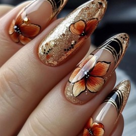 Black and Gold Line French Press on Nails Almond Medium Fake Nails Gradient Floral with Glitter False Nails Gold Line Design Full Cover Acrylic Glue on Nails Reusable for Women Manicure 24Pcs