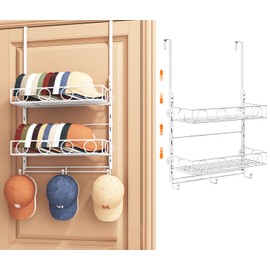 Over Door Hat Organizer 3 Tier Wall Mounted Hat Rack with 2 Adjustable Metal Basket and 3 Hooks Hat Organizer for Baseball caps Hat Hanger Holder Display for Door Closet, Cap Organizer Storage