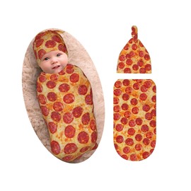 Burrito Pizza Baby Stuff Newborn Swaddle Blanket with Beanie Set, Soft and Stretchy Baby Blanket Swaddle Sack for Boy and Girl