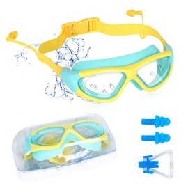 Swimming Goggles, Unisex Anti-Fog Swimming Goggles for Children, Diving Goggles with Earplugs, Nose Clip, UV Protection, Wide Vision Children's Goggles for Children, Boys, Girls (Yellow)
