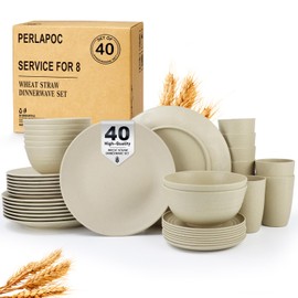Perlapoc Dinnerware Sets 40 PCS Wheat Straw Plates and Bowls Sets With Cups Service for 8 Microwave Safe Dishes for Kitchen Lightweight Dish Set for RV Outdoor Activities Travel - Beige Colors