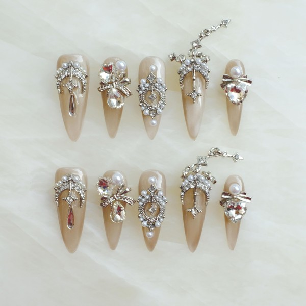 [GLORS] Luxury Press-On Nails, Nude False Nails with Rhinestones and