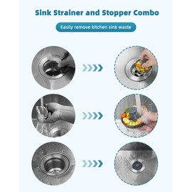 Universal Kitchen Sink Drain Strainer, 3 in 1 Stainless Steel Pop Up Kitchen Sink Stopper Strainer Combo with Handle Rod for US Standard 3-1/2 inch Drain Filter, Anti-Clog
