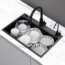 Black Kitchen Sink with Faucet, Deep Stainless Steel Single Bowl, Sink Drop In/Topmount Farmhouse Workstation Apartment Sink with Multiple Accessories (28.3x17.7 inch)