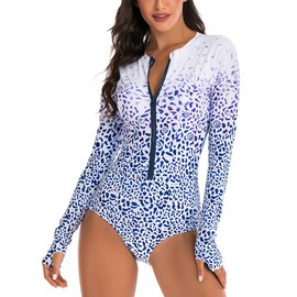 LafyKoly Women's One Piece Long Sleeve Rash Guard UV Protection Printed Surfing Swimsuit Swimwear Bathing Suit (XL(US:12-14), White&Blue dots)