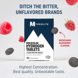 HydroLite Molecular Hydrogen Tablets for Drinking Water with Magnesium | Highest Concentration H2 12,000 PPB | Energy Booster, Enhance Performance & Recovery | Made in USA, 30 Tablets (Raspberry)