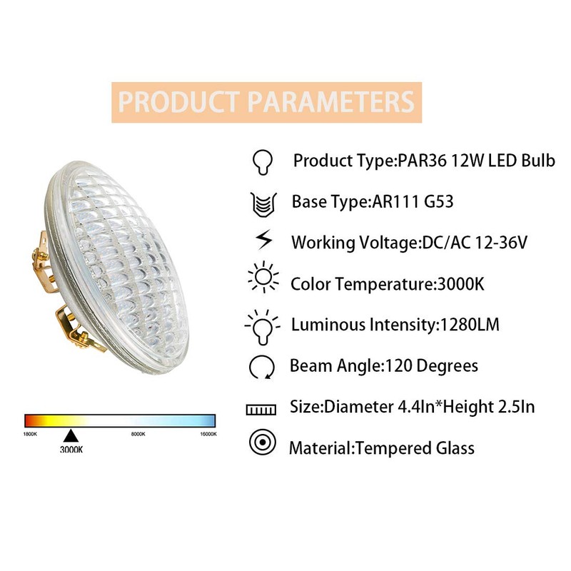 PAR36 LED DC Light Bulbs 12W 3000K Warm White,AC/DC 12V,1280Lumens