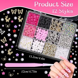 3D Nail Charms and Gems, 20PCS Chunky Butterfly Charms + 60PCS Nail Bows in 2 Styles + 1400Pcs 3D Flowers with Crystals, Pearls, Diamonds, and Pickup Pencil and Tweezers Tools for Nail Decor