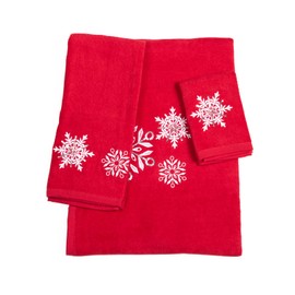Homefabrics Marina Decoration Christmas Premium Luxury Decor Ultra Soft 100% Cotton Embroidered Bathroom Modern 3 Piece Towel Set, Red White Color Red Snowflake Pattern