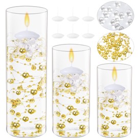 Shihanee 15 Pcs Clear Glass Cylinder Vases Centerpiece Flower Vase Candle Holder for Centerpiece Wedding Party Decor with Candles Faux Pearls String and Beads (Gold)