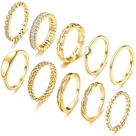 Finrezio 10 PCS Dainty Gold Rings for Women Non Tarnish, 14K Gold Stackable Ring Set, Wedding Promise Eternity Bands Rings, Trendy Thin Simple Thumb Knuckle Stacking Ring Pack Size 5/6/7/8/9