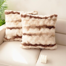 SeaBeauty Luxury Soft Faux Fur Cushion Cover, Decorative Pillow Cover Cozy Fluffy Pillow Covers for Bed/Couch, No Pillow Insert, Set of 2, 16" x 16" Inch, Brown Print