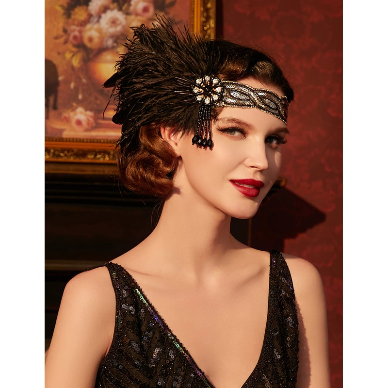 BABEYOND 1920s Vintage Headband Roaring 20s Flapper Headpiece with Feather