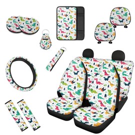 Uskorhein Cartoon Mini Dinosaur T-rex Hand Drawing Car Seat Cover Full Set Universal 13 Pcs for Cute Pterosaur Dinosaur Forest Front and Back Seat Cover Keychains for Truck SUV…