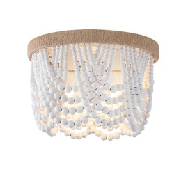 AMZASA White Boho Wood Beaded with Hemp Rope Flush Mount Ceiling Light Farmhouse Small Chandelier Light Fixture for Bedroom Hallway Entryway Closet Kitchen Dining Room Living Room Nursery
