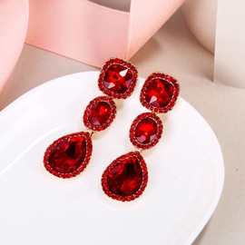 EVER FAITH Red Rhinestone Crystal Bridal Teardrop Dangle Earrings for Women Girls