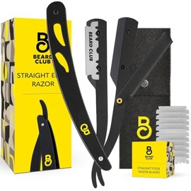 The Beard Club Navaja de Afeitar para Hombre - Straight Edge for Barbers - Kit de Navaja Clásica Barbero - Navaja Profesional Una Hoja Derby con 10 Cuchillas Acero Inoxidable Reemplazables y Estuche Cuero