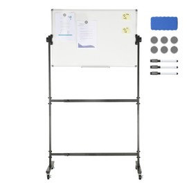 Happybuy Rolling Magnetic Whiteboard, Double-Sided Mobile 36x24 Inches, Adjustable Height Dry Erase Board with Wheels, 1 Magnetic Eraser, 3 Markers & Movable Tray for Office, School